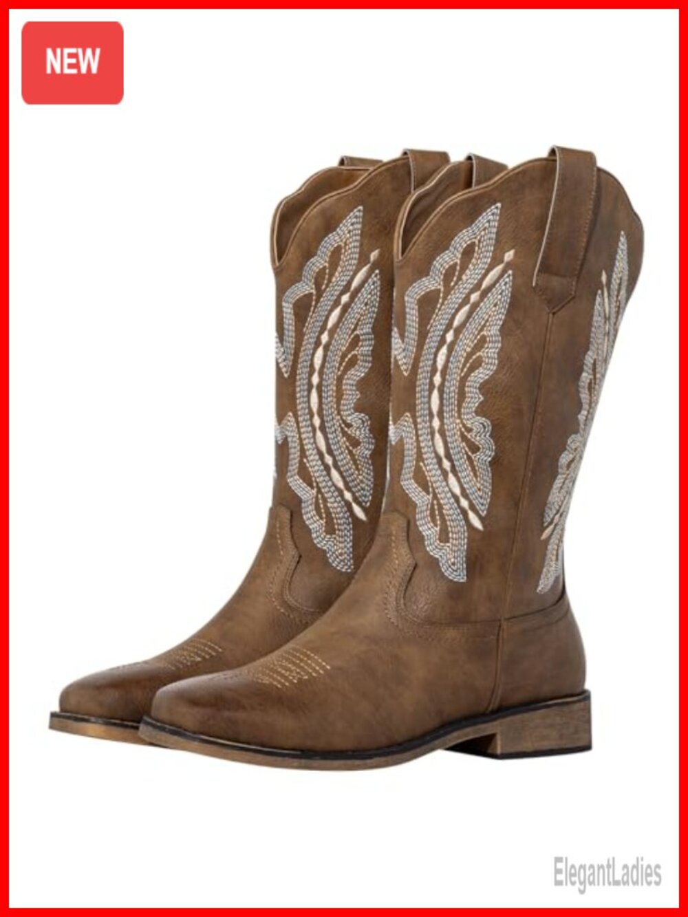 Wide Calf Cowboy Boots Square Toe Faux Leather Low Block Heel Western Mid-Calf